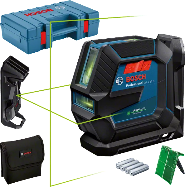 GLL 2-15 G Professional Linienlaser im Handwerkerkoffer mit 4 x Batterie (AA), Universalhalterung LB 10 und Deckenklemme